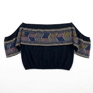 Ocean Drive Black Off Shoulder Crop Top With Sleeve Tribal Print Bohemian Size L
